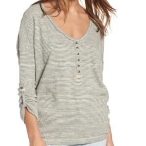WE The Free Free People Beach Haven Grey Cream Stripe Henley Top- M